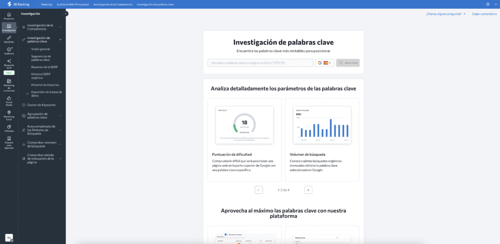 Captura de pantalla de la herramienta SE Ranking: Investigación de palabras clave, útil para buscar palabras clave.