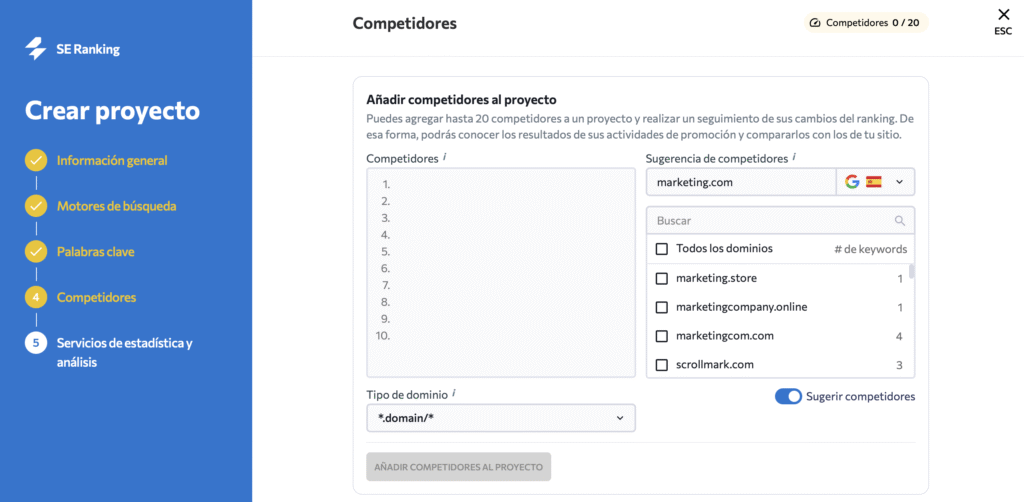Captura de pantalla donde se puede añadir la competencia de tu proyecto en SERanking