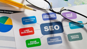 Ilustración de una página web en proceso de optimización, con gráficos de velocidad, SEO y conversión en pantalla.