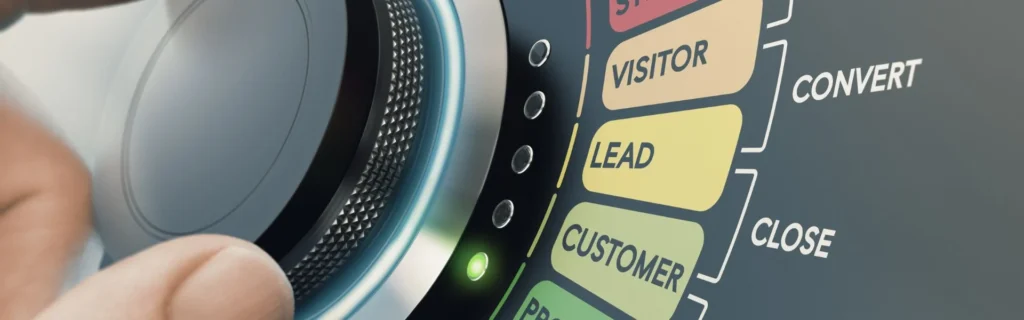 Panell de control d'un funnel de vendes per a vendre programari mostrant les etapes de visitant, lead, client i conversió