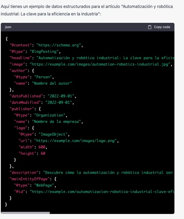 Exemple de codi JSON-LD de dades estructurades per a un article de blog generat per una eina d'intel·ligència artificial.