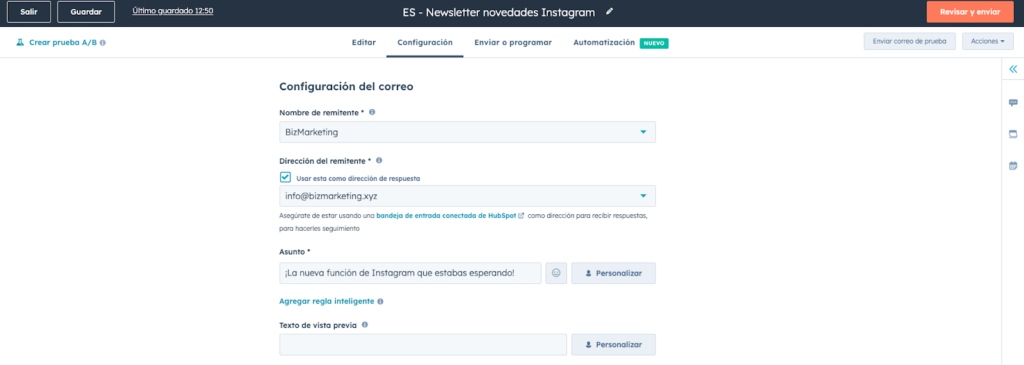 Configuración de remitente y asunto en HubSpot para campañas de email marketing