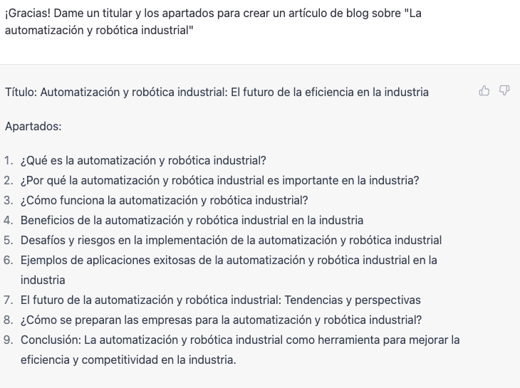Exemple d'estructura d'un article de blog sobre robòtica industrial generada mitjançant un xat d'intel·ligència artificial.