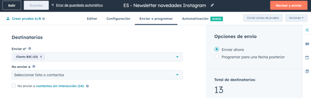 Selección de destinatarios y opciones de envío para campañas de email marketing en HubSpot.
