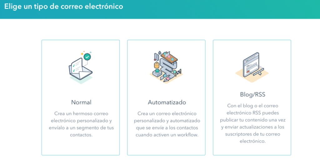 Interfaz de selección en HubSpot con tres opciones de correo electrónico: Normal (para envíos a segmentos), Automatizado (basado en flujos de trabajo) y Blog/RSS (para actualizaciones de contenido)