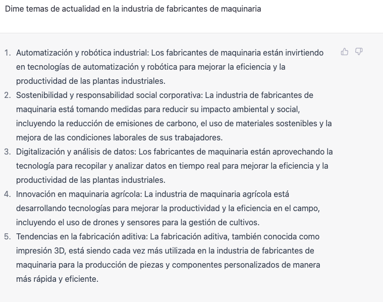 Exemple d'ús de ChatGPT per a generar idees de contingut sobre la indústria de fabricants de maquinària i automatització industrial.