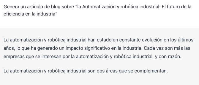 Captura de pantalla que mostra a una IA redactant l'esborrany d'un article sobre automatització i robòtica industrial.