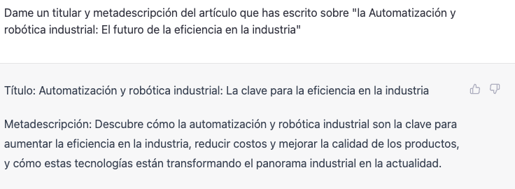 Exemple de xat d'intel·ligència artificial generant un títol i una metadescripció optimitzada per a un article de blog.