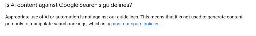 Captura de pantalla de les directrius de Google Search sobre si el contingut d'IA va contra les seves normes, destacant que l'ús apropiat no està prohibit.