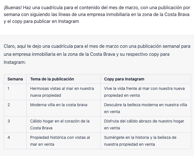 Exemple de taula de continguts per a Instagram generada amb IA per a una immobiliària en la Costa Brava, incloent copys i temes setmanals.