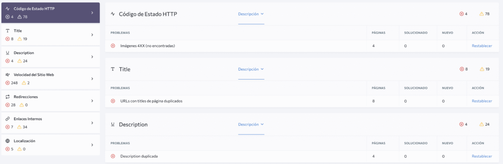Panel de resultados de una auditoría técnica en SE Ranking mostrando alertas sobre códigos de estado HTTP, títulos, descripciones, velocidad del sitio web y redirecciones.