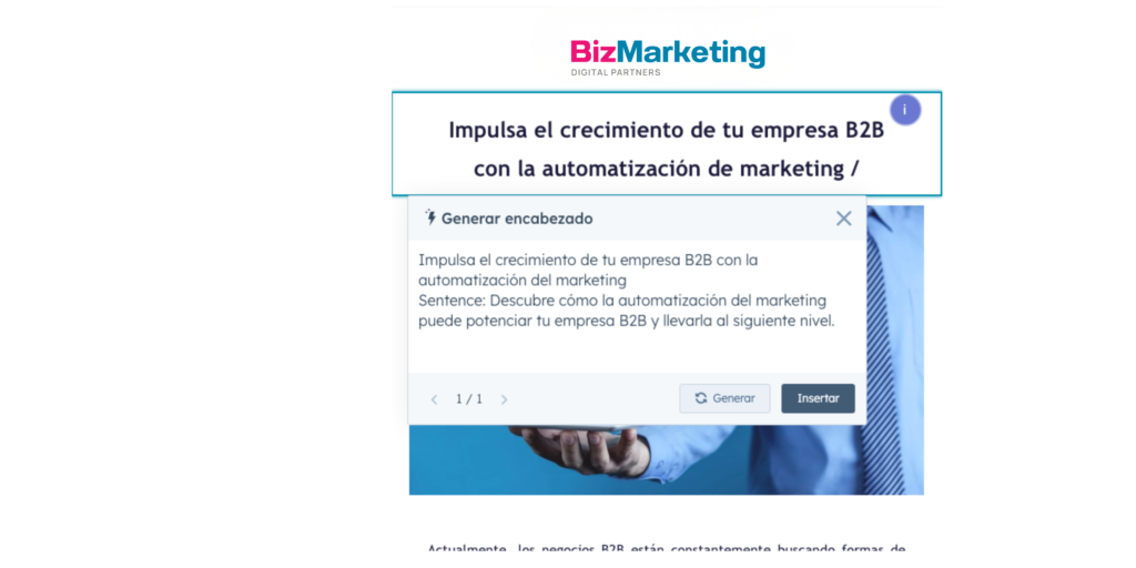 Captura de pantalla de un artículo de B2B Marketing Digital Partners sobre automatización de marketing. Se observa una herramienta de IA sugiriendo un encabezado para potenciar empresas B2B sobre una imagen de fondo de un ejecutivo.