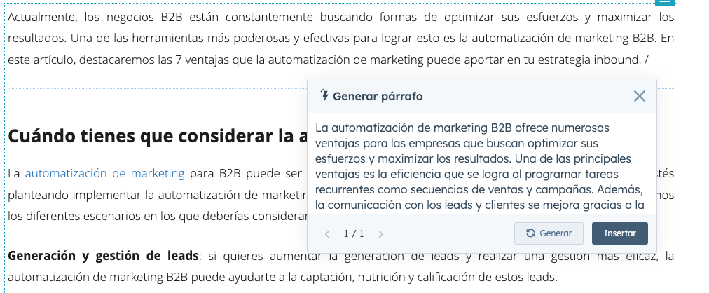 Interfície d'una eina de generació de contingut per IA processant un text sobre estratègies de màrqueting B2B i inbound màrqueting.