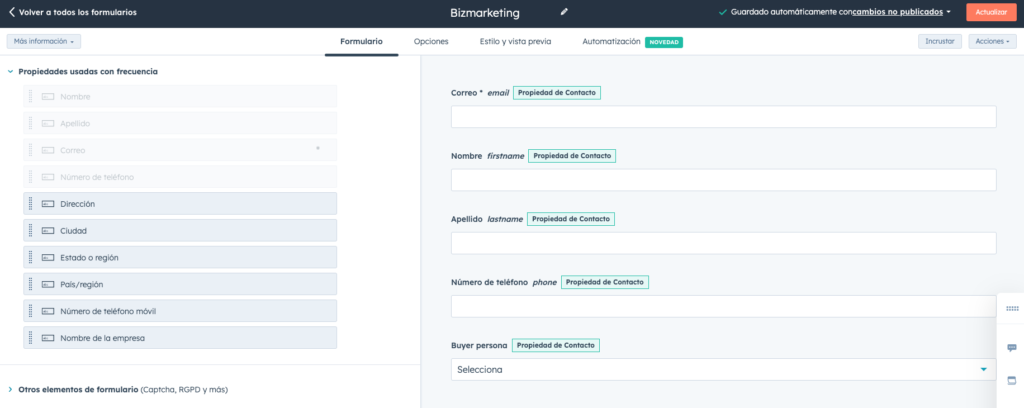Imatge de pantalla amb formulari de HubSpot