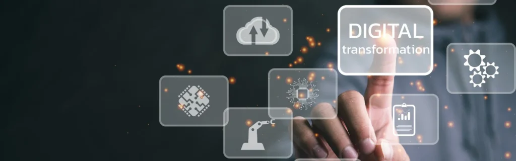 Persona interactuant amb una interfície digital de 'Digital Transformation' i conceptes d'automatització per a màrqueting B2B.