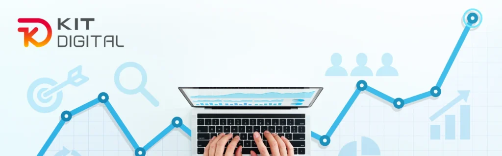 Gràfic de creixement digital i analítica web amb el logo de Kit Digital, que representa la millora del posicionament SEO i l'augment de visibilitat en línia per a empreses.