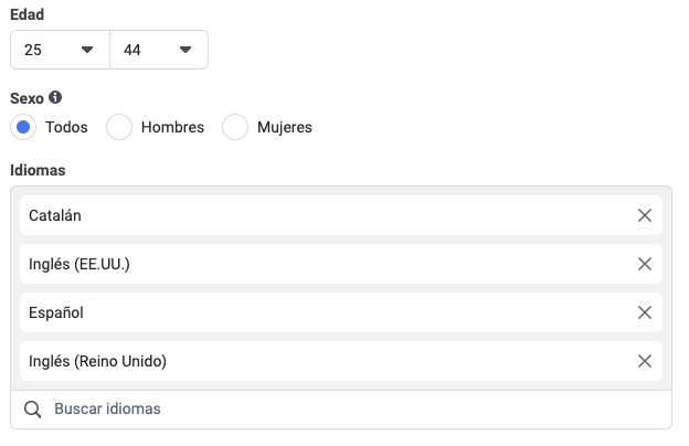 Captura de pantalla de segmentación por edad y idioma Instagram