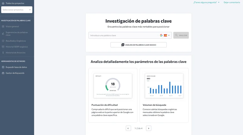 Interfaz de SE Ranking con análisis de dificultad y volumen de búsqueda para posicionar palabras clave