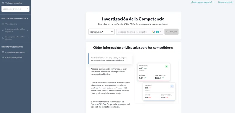 Buscador de SE Ranking para analizar la competencia y posicionar palabras clave de forma estratégica