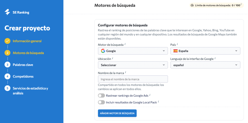Captura Paso 2: Escoge los buscadores en los que te interesa ver tus posiciones