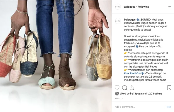 Publicació d'un sorteig d'espardenyes de la marca Ball Pagès a Instagram com a estratègia de màrqueting per a un eCommerce de moda.