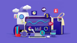 Gràfic 3D representatiu d'analítica web i optimització SEO, amb icones de creixement, eines de gestió de dades i un coet que simbolitza l'èxit d'un projecte digital.