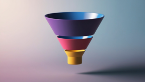 Representació visual d'un embut de inbound màrqueting o inbound funnel dividit en tres etapes de colors.